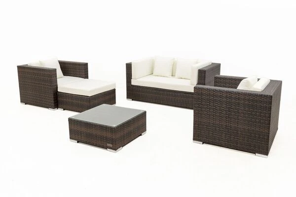 OUTFLEXX Loungemöbel-Set, Polyrattan, Braun Marmoriert, 5 Pers, Wasserfeste Kissenbox, Inkl. Beistelltisch – Bild 10