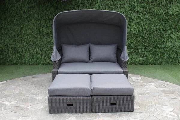 OUTFLEXX Fontana Loungebett, Grau, Polyrattan, Doppel-halbrund, Mit Unterschiebbaren Hockern, Dach Klappbar – Bild 10