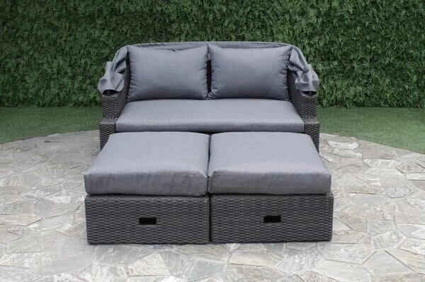 OUTFLEXX Fontana Loungebett, Grau, Polyrattan, Doppel-halbrund, Mit Unterschiebbaren Hockern, Dach Klappbar – Bild 11