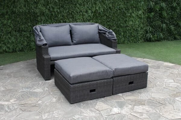 OUTFLEXX Fontana Loungebett, Grau, Polyrattan, Doppel-halbrund, Mit Unterschiebbaren Hockern, Dach Klappbar – Bild 12
