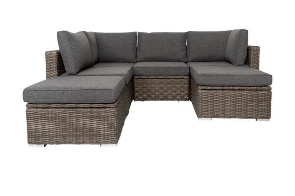 OUTFLEXX Loungegarnitur, Polyrattan/Teakholz, Tisch 160x90cm, Für 6 Personen, Wasserfeste Kissenbox – Bild 12