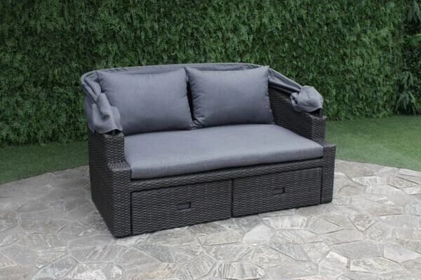 OUTFLEXX Fontana Loungebett, Grau, Polyrattan, Doppel-halbrund, Mit Unterschiebbaren Hockern, Dach Klappbar – Bild 13