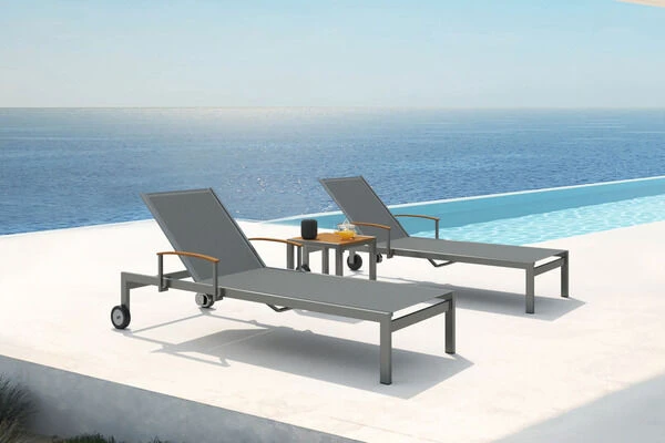 OUTFLEXX 2er-Set Sonnenliegen, Taupe, Edelstahl/Teak, 195,5x74x35cm, Mit Beistelltisch 45x45cm