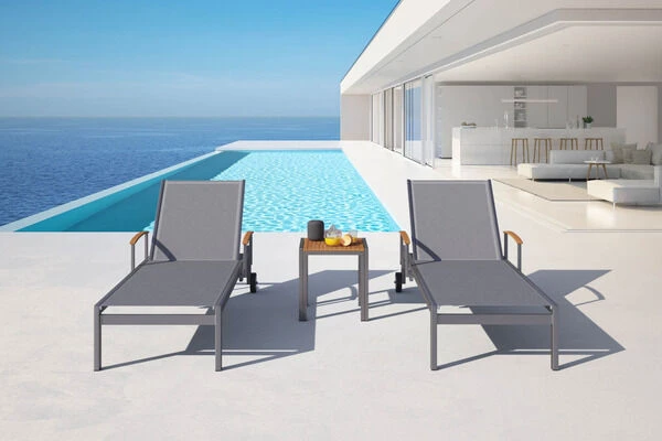 OUTFLEXX 2er-Set Sonnenliegen, Taupe, Edelstahl/Teak, 195,5x74x35cm, Mit Beistelltisch 45x45cm – Bild 2