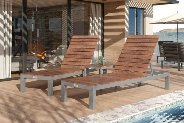 Villana 2er Sonnenliegen-Set, Alu/FSC-Akazienholz, 201x70x32,5cm, 4-fach Verstellbar, Mit Beistelltisch 45x45cm