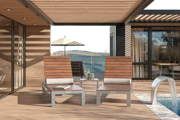 Villana 2er Sonnenliegen-Set, Alu/FSC-Akazienholz, 201x70x32,5cm, 4-fach Verstellbar, Mit Beistelltisch 45x45cm – Bild 2