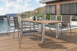 STERN Cardiff Esstischgruppe, Silber/taupe, Edelstahl/Teak, Tisch 200/260 X 100 Cm, 6 Stapelsessel