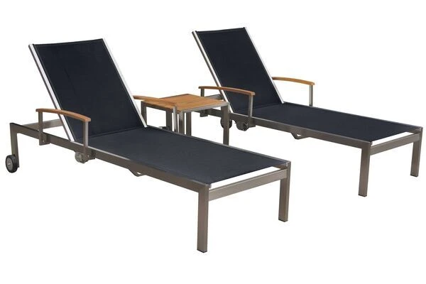 OUTFLEXX 2er-Set Sonnenliegen, Schwarz, Edelstahl/Teak, 195,5x74x35cm, Mit Beistelltisch 45x45cm – Bild 4