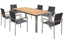 OUTFLEXX Set, Schwarz, Edelstahl/Teak, Esstisch 200 X 90 Cm, 6 Stapelstühle