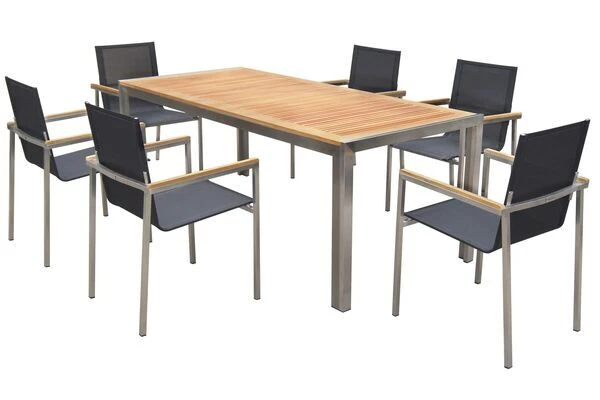 OUTFLEXX Set, Schwarz, Edelstahl/Teak, Esstisch 200 X 90 Cm, 6 Stapelstühle