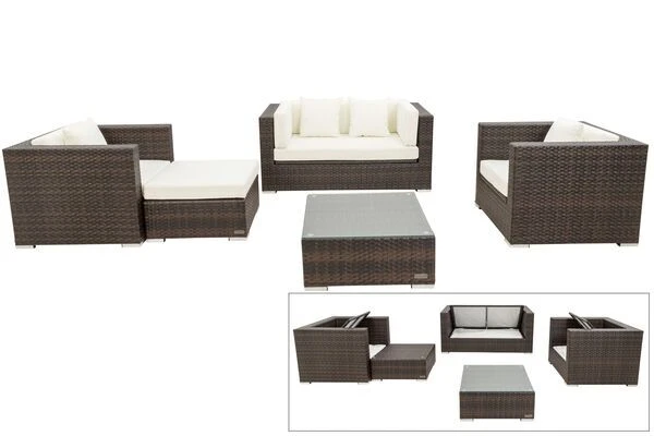 OUTFLEXX Loungemöbel-Set, Polyrattan, Braun Marmoriert, 5 Pers, Wasserfeste Kissenbox, Inkl. Beistelltisch