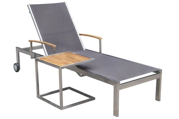 OUTFLEXX Sonnenliegen-Set, Taupe, Edelstahl/FSC-Teak, 195,5x74x35cm, Mit Armlehnen, Inkl. Beistelltisch 45x45cm – Bild 4