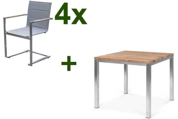 OUTFLEXX Esstischgarnitur, Edelstahl / Recyceltes FSC-Teak, Tisch 90 X 90 Cm, 4 Freischwinger Padded, Silber
