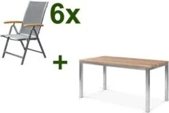 OUTFLEXX Esstischgarnitur, Edelstahl / FSC-Teak, Tisch 150x80cm, 6 Multipositionssessel, Taupe