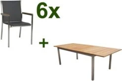 STERN Polaris Esstischgruppe, Silbergrau, Edelstahl/FSC-Teak, Tisch 200/300 X 100 Cm, 6 Stapelsessel