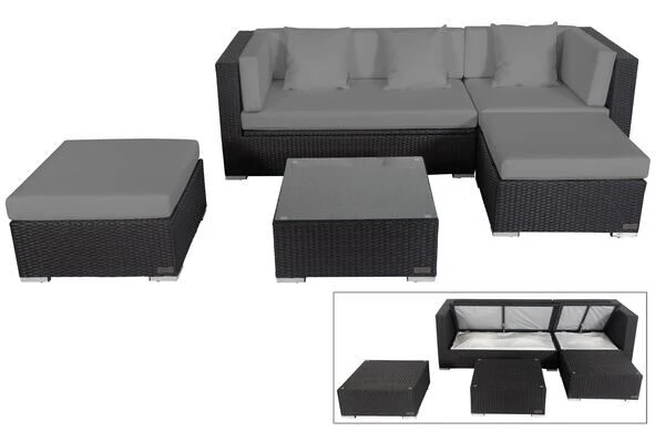 OUTFLEXX Loungemöbel-Set, Schwarz, Polyrattan, 5 Personen, Wasserfeste Kissenbox, Inkl. Kaffeetisch