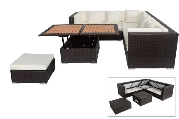 OUTFLEXX Loungemöbel-Set, Braun, Polyrattan, 6 Personen, Wasserfeste Kissenbox, Inkl. Loungetisch