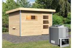 KARIBU Saunahaus Skrollan 1, Fichtenholz 38mm, Fronteinstieg, Ca. 6,4m²