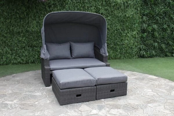 OUTFLEXX Fontana Loungebett, Grau, Polyrattan, Doppel-halbrund, Mit Unterschiebbaren Hockern, Dach Klappbar