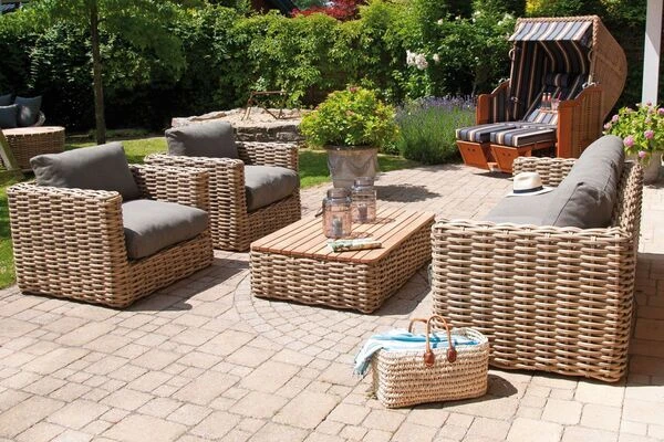 SONNENPARTNER Sands Loungegruppe, Light Oaks, Geflecht, 4 Personen, Inkl. Polster