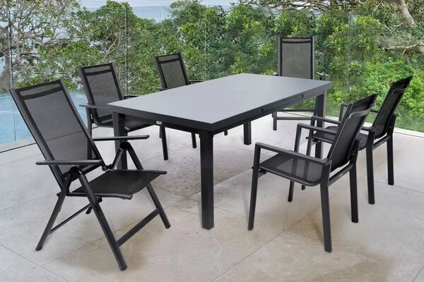 OUTFLEXX Premium Esstischgarnitur, OUTFLEXX® Anthrazit Matt, Alu/Textilene, Tisch 180/240x100cm, 4 Stapel-, 2 Multipositionssessel