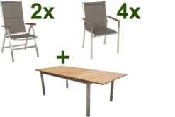 STERN Cardiff Esstischgruppe, Silber/taupe, Edelstahl/FSC-Teak, Tisch 200/300 X 100 Cm, 4 Stapel-, 2 Multipositionssessel