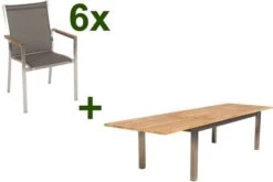 STERN Cardiff Esstischgruppe, Silber/taupe, Edelstahl/FSC-Teak, Tisch 220/340 X 100 Cm, 6 Stapelsessel