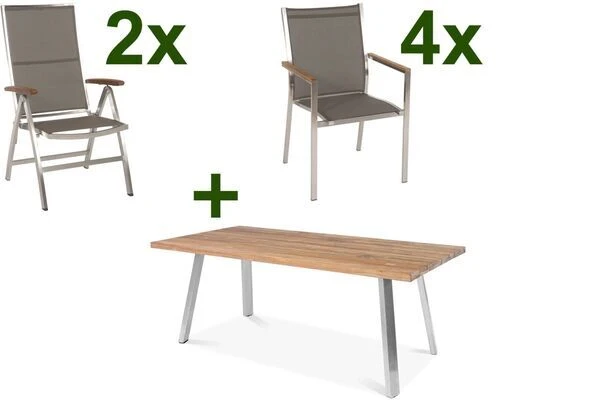 STERN Cardiff Set, Silber/taupe, Edelstahl/Teak, Tisch A-Gestell 200 X 100 Cm, 4 Stapel-, 2 Multipositionssessel