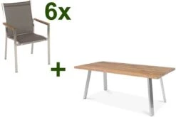 STERN Cardiff Esstischgruppe, Silber/taupe, Edelstahl/Teak, Tisch A-Gestell 220 X 100 Cm, 6 Stapelsessel