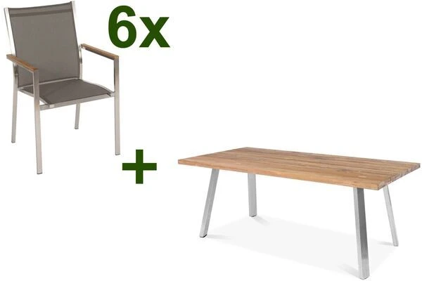 STERN Cardiff Esstischgruppe, Silber/taupe, Edelstahl/Teak, Tisch A-Gestell 220 X 100 Cm, 6 Stapelsessel