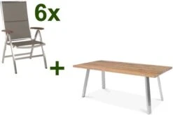 STERN Cardiff Esstischgruppe, Silber/taupe, Edelstahl/Teak, Tisch A-Gestell 220 X 100 Cm, 6 Multipositionssessel