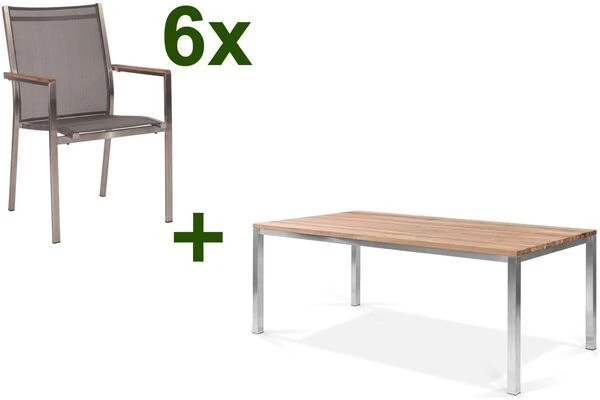 STERN Cardiff Esstischgruppe, Silber/silbergrau, Edelstahl/Teak, Tisch 200 X 100 Cm, 6 Stapelsessel