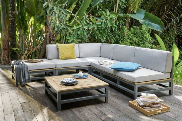 OUTFLEXX Ecklounge, Anthrazit, Alu/Akazie, 5 Personen, Inkl. Polster In Grau, Tisch 80 X 80 Cm Und Hocker