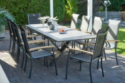 HARTMAN Sondermodell Xanadu / Alice Esstischgarnitur, Xerix/schwarz, Alu/Glaskeramik, 4x4 Textilen, 10 Stapelsessel, 220/280x100cm