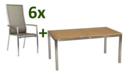 STERN Cardiff Esstischgarnitur, Silber/taupe, Edelstahl/Textilen/FSC-Teakholz, 162/220 X 90 Cm, 6 Stapelsessel, Butterfly-Auszug