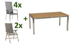 STERN Cardiff Esstischgarnitur, Silber/silbergrau, Edelstahl/Textilen/FSC-Teakholz/Alu, 162/220 X 90 Cm, 4 Stapel-, 2 Multipos, Butterfly-Auszug