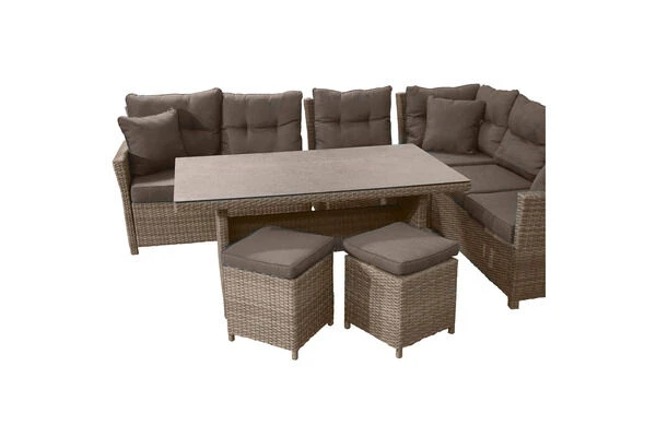 Ploß Rabida Dining-Lounge, Champagner-meliert, Polyrattan, 7 Tlg., 5-6 Pers., 146x85cm, Inkl. Polster – Bild 11