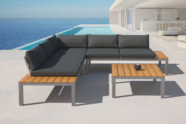 VILLANA Ecklounge, Silber/dunkelgrau, Alu/Holzimitat, 5 Personen, Inkl. Loungetisch, Seitenablagen Aus Holzimitat – Bild 2