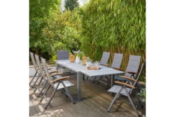 SIENA GARDEN Savina XL/Kingston Esstischgarnitur, Matt Graphit/grau/wood Look, Alu/Teak/Keramik/Texfabric, Tisch 220/340x108 Cm, 8 Multipos.