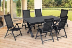 OUTFLEXX Esstischgarnitur, OUTFLEXX® Anthrazit Matt, Alu / Spraystone / Textil, Tisch 180/280x100cm, 6 Multipositionssessel