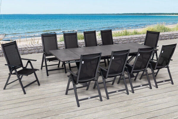 OUTFLEXX Esstischgarnitur, OUTFLEXX® Anthrazit Matt, Alu / HPL / Textil, Tisch 180/280x100cm, 10 Multipositionssessel