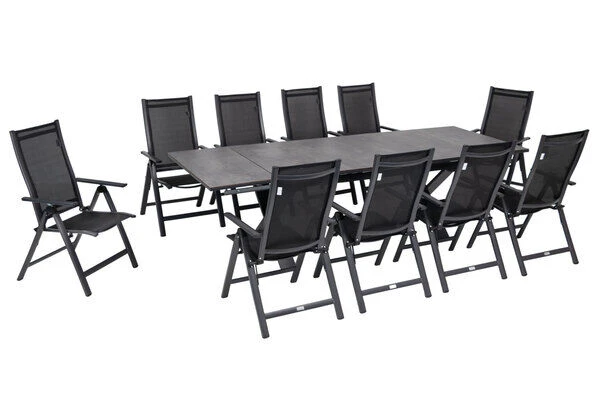OUTFLEXX Esstischgarnitur, OUTFLEXX® Anthrazit Matt, Alu / HPL / Textil, Tisch 180/280x100cm, 10 Multipositionssessel – Bild 2