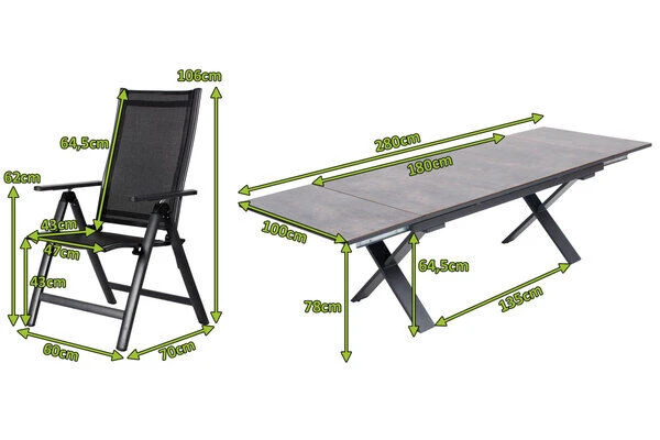 OUTFLEXX Esstischgarnitur, OUTFLEXX® Anthrazit Matt, Alu / HPL / Textil, Tisch 180/280x100cm, 10 Multipositionssessel – Bild 5