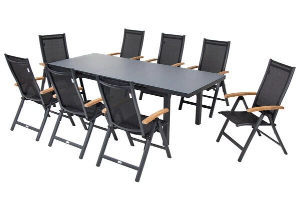 OUTFLEXX Premium Esstischgarnitur, OUTFLEXX® Anthrazit Matt, Alu / Glas / Teak, Tisch 180/240x100cm, 8 Multipositionssessel – Bild 20