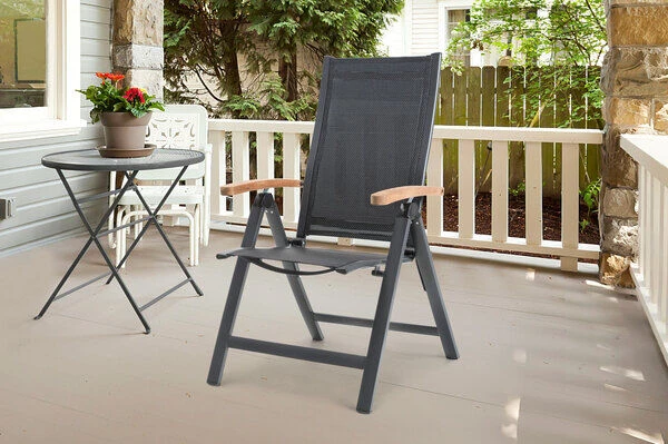 OUTFLEXX Premium Esstischgarnitur, OUTFLEXX® Anthrazit Matt, Alu / Glas / Teak, Tisch 180/240x100cm, 8 Multipositionssessel – Bild 3