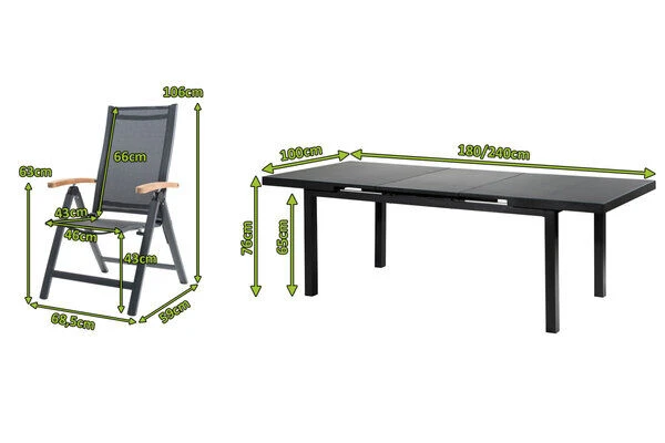 OUTFLEXX Premium Esstischgarnitur, OUTFLEXX® Anthrazit Matt, Alu / Glas / Teak, Tisch 180/240x100cm, 8 Multipositionssessel – Bild 5