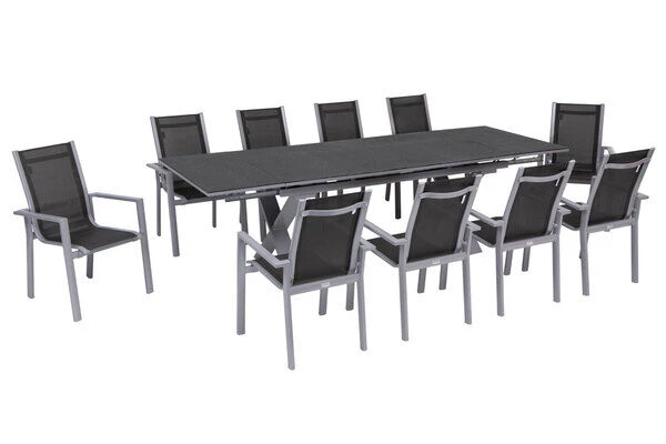 OUTFLEXX Esstischgarnitur, Silber, Alu / Keramik / Textil, Tisch 180/280x100cm, 10 Stapelsessel – Bild 2