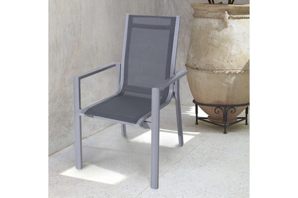 OUTFLEXX Esstischgarnitur, Silber, Alu / Keramik / Textil, Tisch 180/280x100cm, 10 Stapelsessel – Bild 3