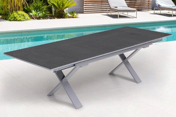 OUTFLEXX Esstischgarnitur, Silber, Alu / Keramik / Textil, Tisch 180/280x100cm, 10 Stapelsessel – Bild 4