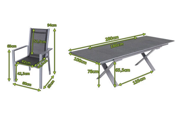 OUTFLEXX Esstischgarnitur, Silber, Alu / Keramik / Textil, Tisch 180/280x100cm, 10 Stapelsessel – Bild 5